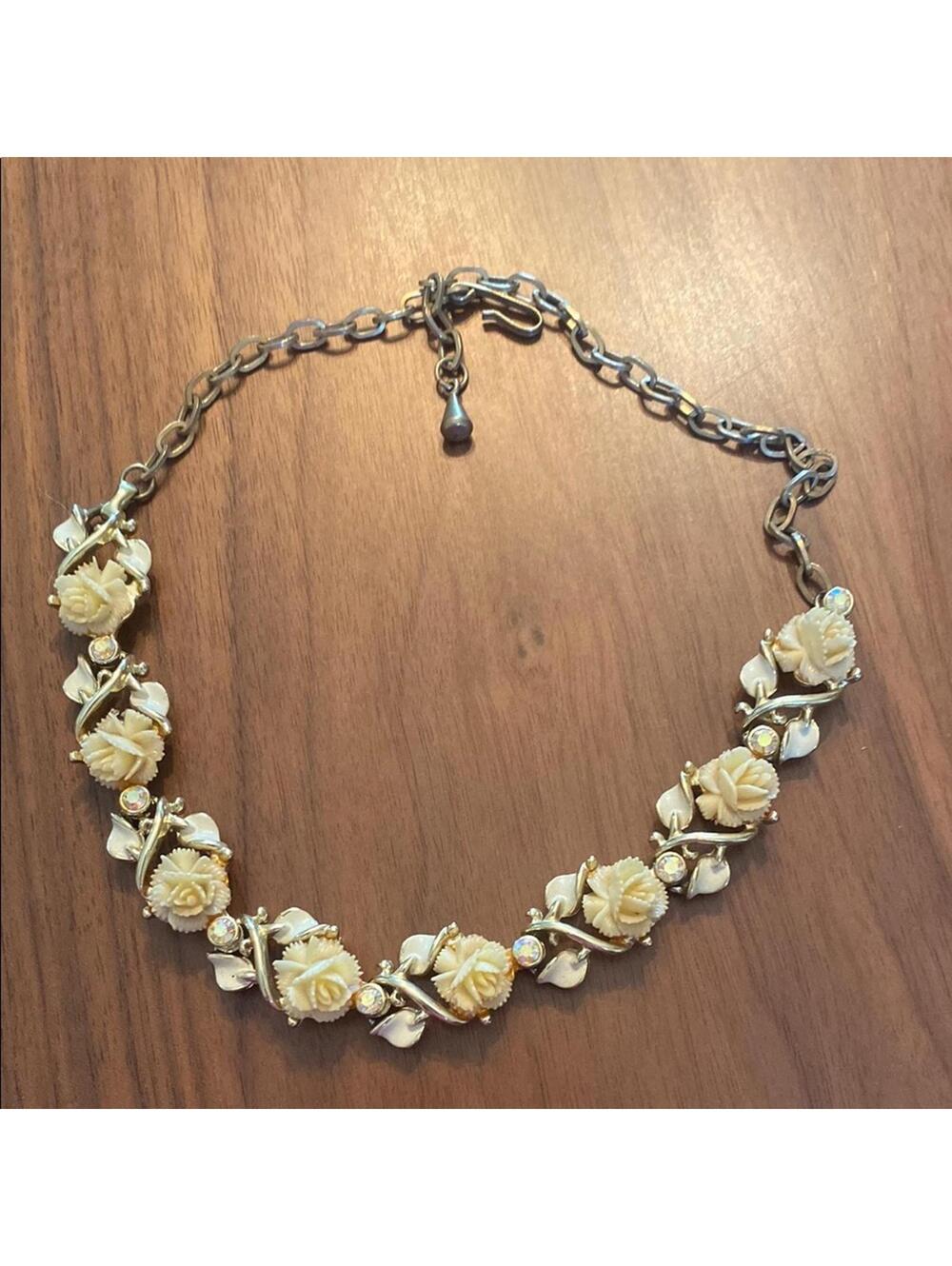 Vintage Carved Rose with Rhinestone Accents Choker